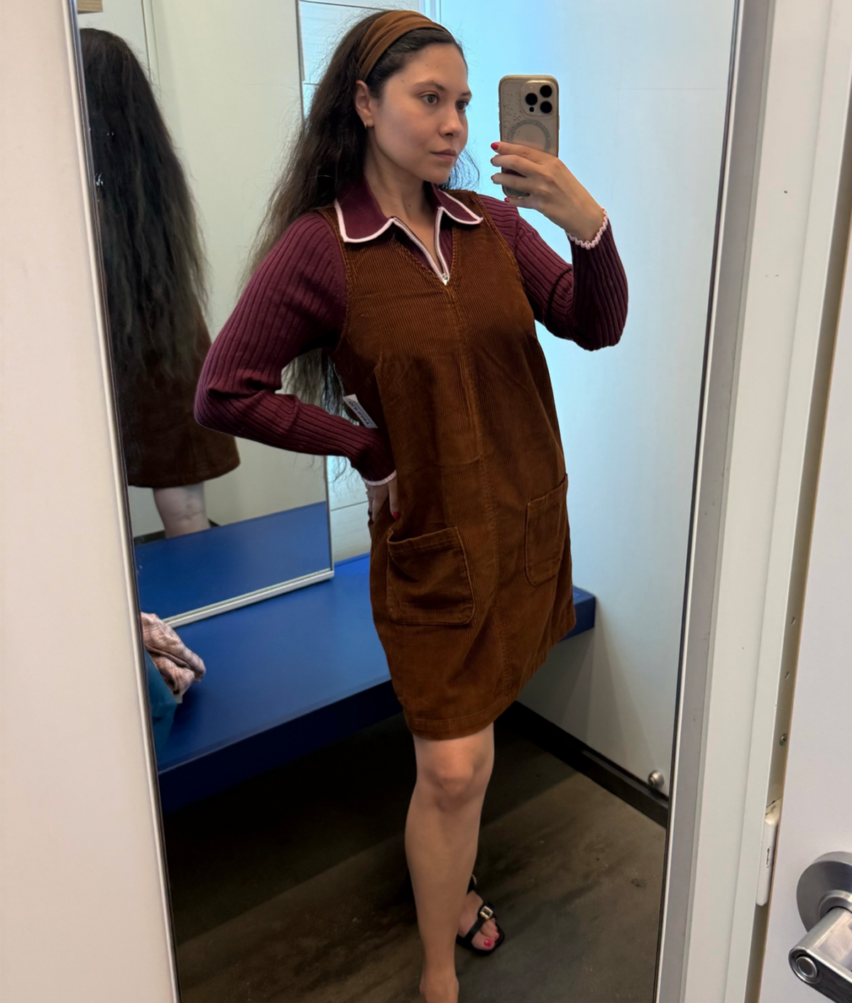 Old Navy Petite Fall 2026 Try-on: Original photo of Stephanie Maida in collared burgundy sweater and brown corduroy pinafore dress