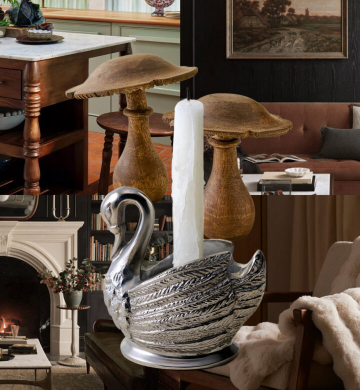 spindle furniture, brass swan candle holder and plush blanket