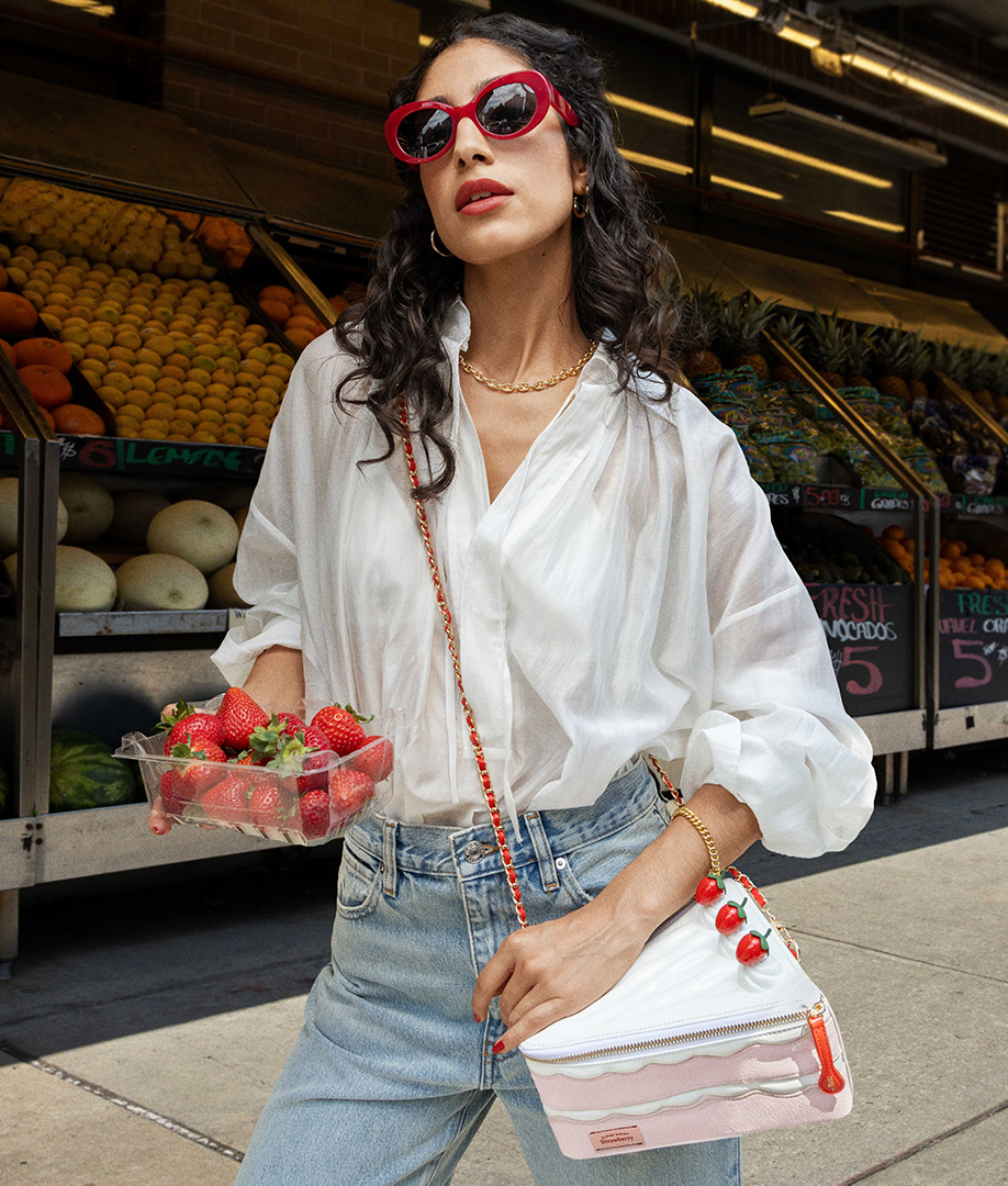 betty crocker cake bag and woman with strawberries