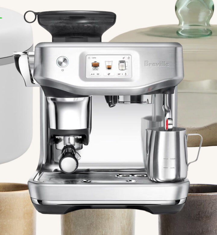 coffee making supplies like an espresso machine, syrup and cups