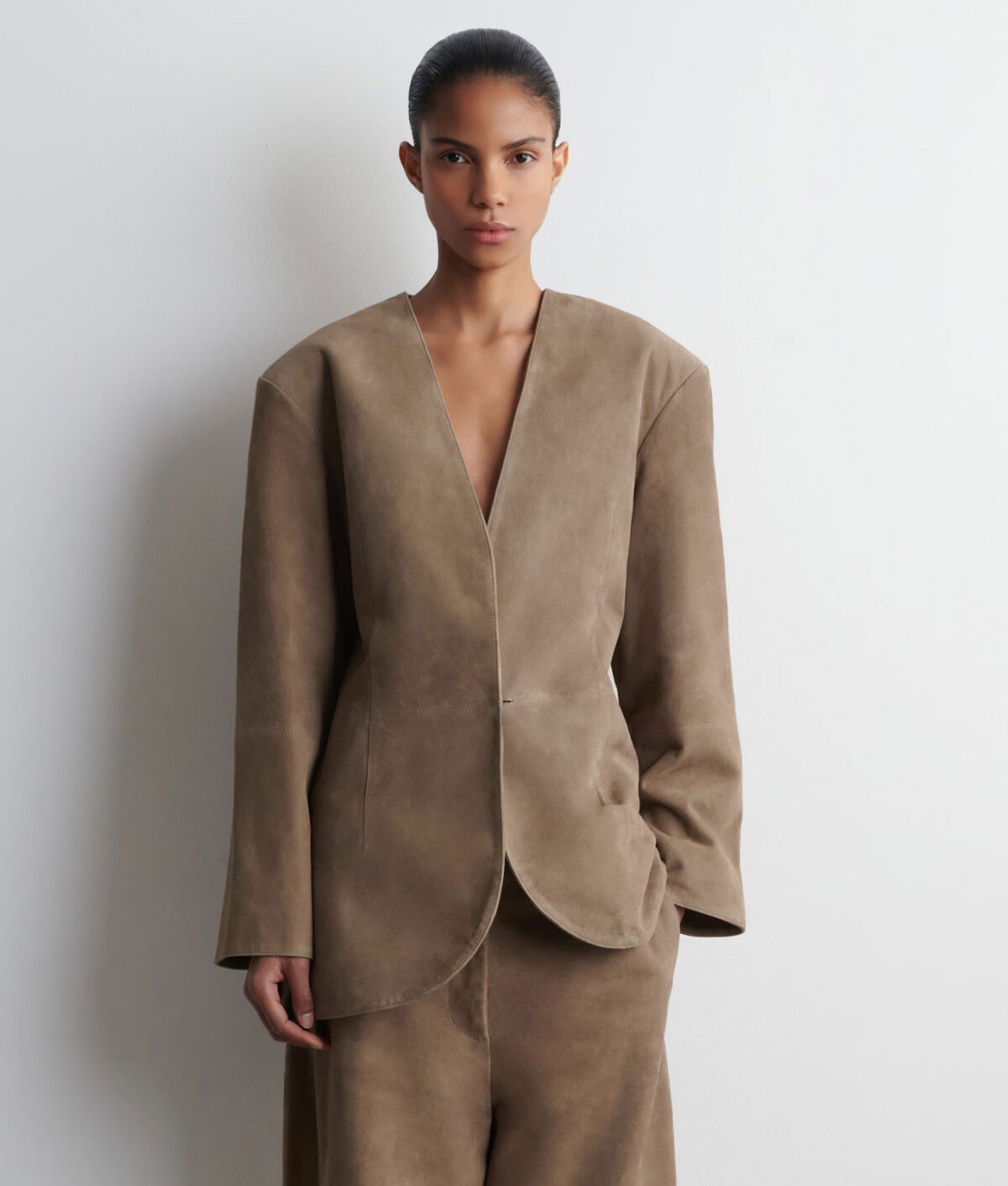 best suede jacket: cos collarless suede blazer
