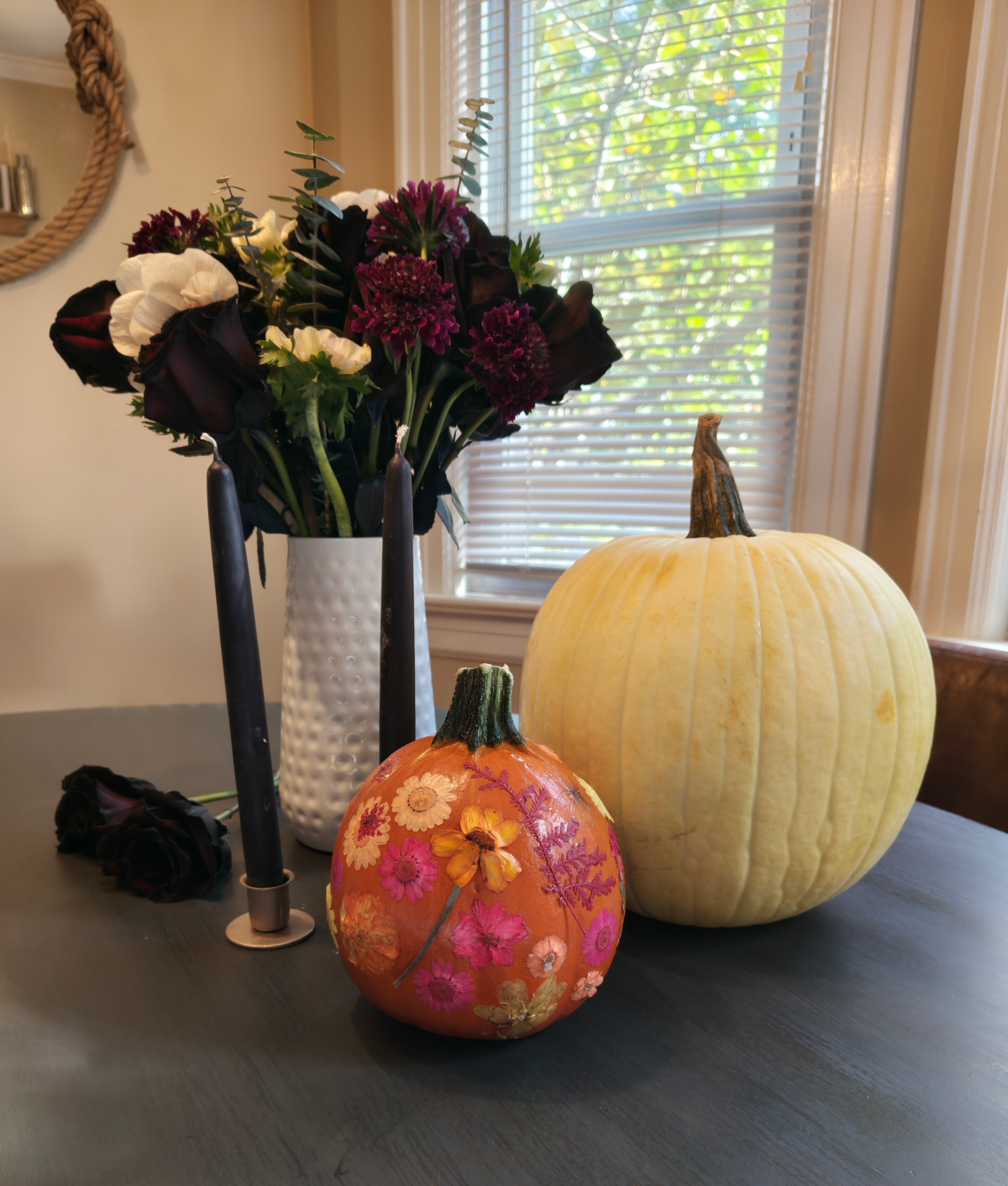 flower pumpkins on table